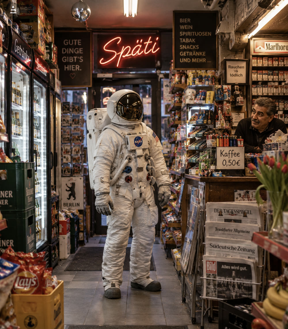 Astronaut in einem kleinen Laden im Gespräch mit dem Inhaber an der Theke