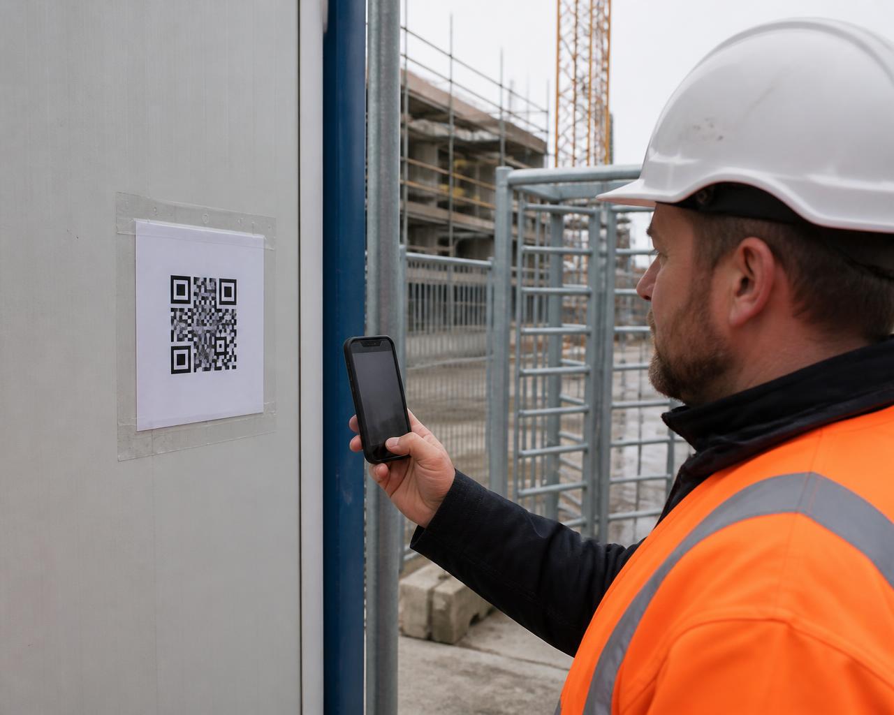 Bauarbeiter mit Warnweste scannt am Baustelleneingang einen QR-Code auf einem DIN-A4-Aushang mit dem Smartphone